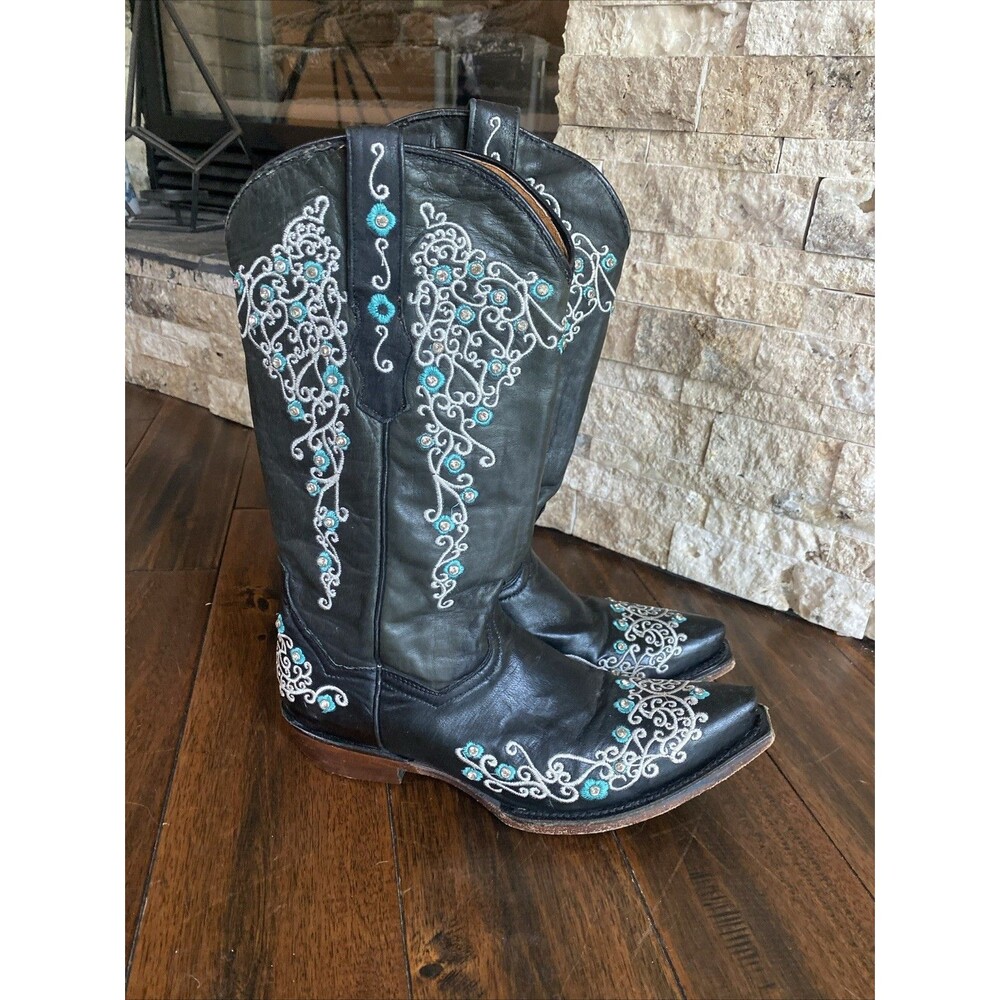 Innovation Leather Cowboy Boots Embroidered Rhinestone Black Size 9 *READ